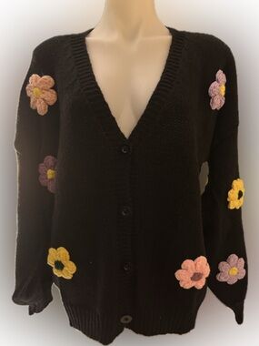 Cider Black V-Neck Cardigan with Crocheted Flower Appliqués
